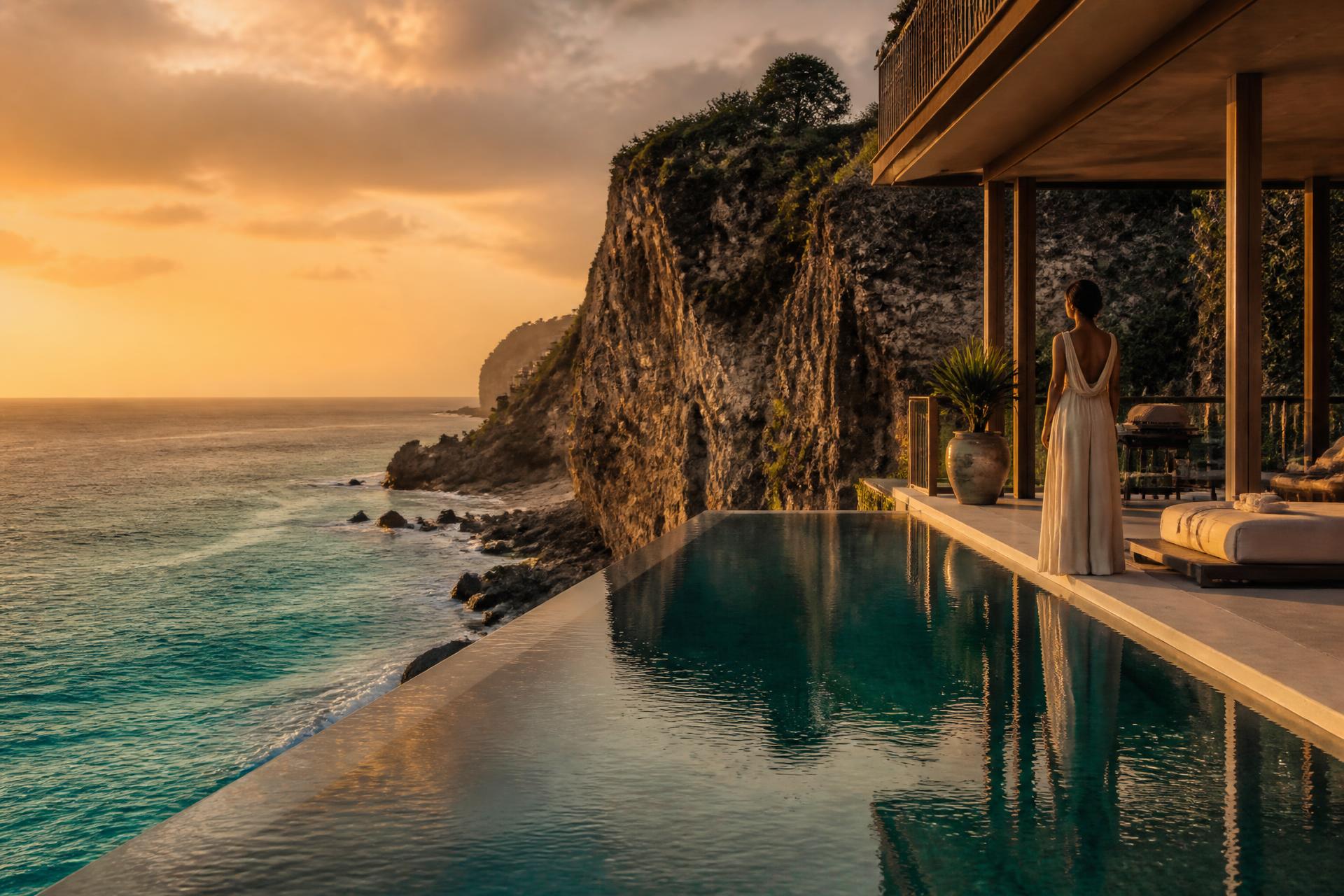 Cliffside infinity pool overlooking the ocean at golden hour
