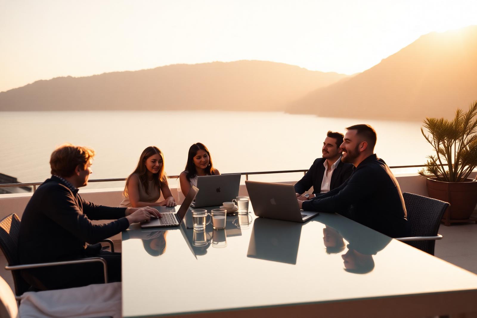 Small team meeting around an outdoor table on a villa terrace overlooking the sea